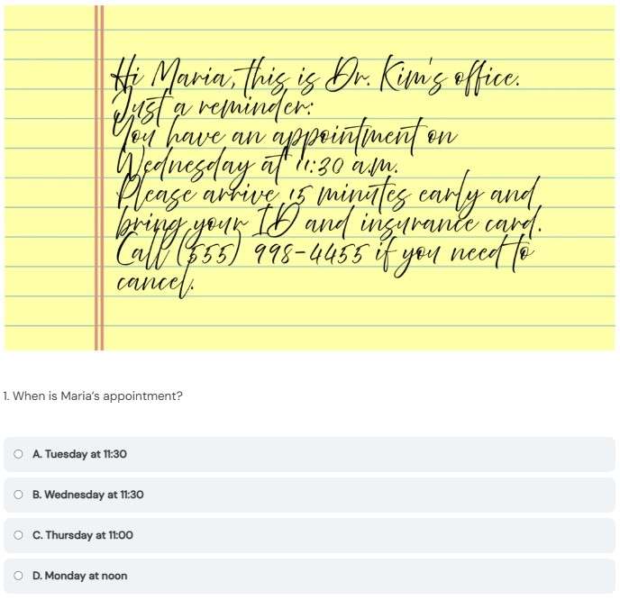 CASAS STEPS Reading Level B short email example with a multiple-choice question about purpose or detail.
